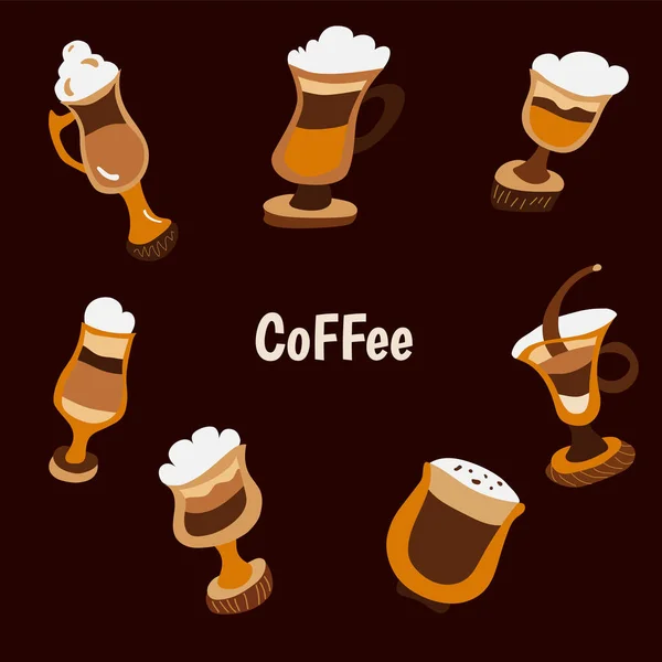 Kahve setinin el çizilmiş vektör illüstrasyonu