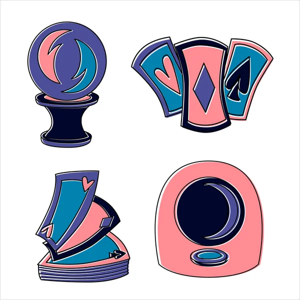 Falcılık ve kehanet, mistik bir aktivite alanı için izole edilmiş elementler. Sinsi anlatımlar ve cadılık simgeleri. Vektör illüstrasyonları