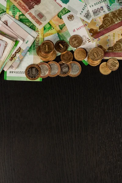Monedas Dinero Ruso Rublos Papel Que Yacen Sobre Mesa — Foto de Stock