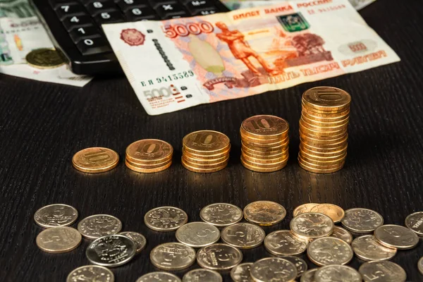 Monedas Dinero Ruso Rublos Papel Que Yacen Sobre Mesa — Foto de Stock