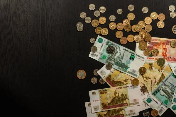 Monedas Dinero Ruso Rublos Papel Que Yacen Sobre Mesa — Foto de Stock