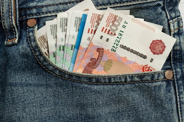 Billetes Que Sobresalen Del Bolsillo Azul Los Vaqueros — Foto de Stock