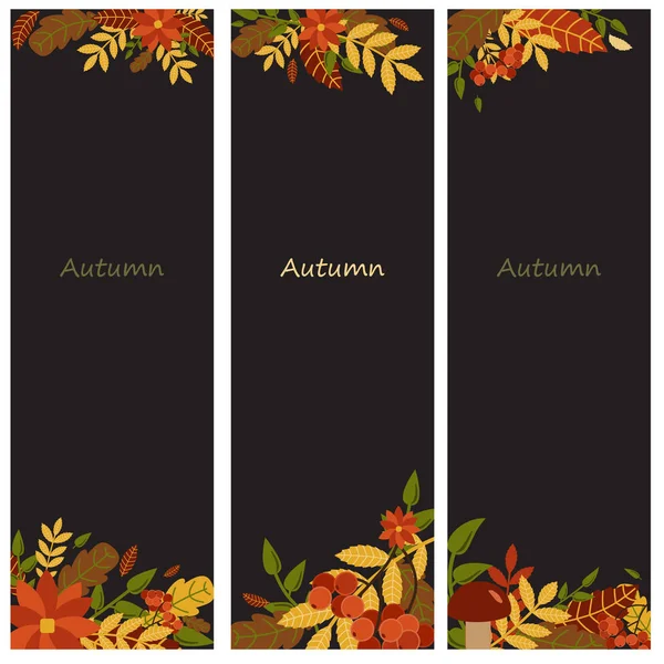 Set of three nature banners with colorful autumn leaves, flowers, berries, mushrooms. vector