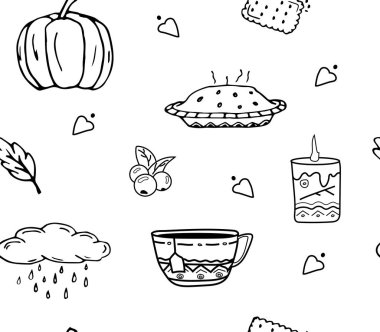 Vektör sonbahar deseni. Pasta, mum, çilek, bulut, fincan.