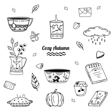 Çizimler rahat sonbahar koleksiyonu. Sonbahar hakkında el çizilmiş doodle öğeleri kümesi.