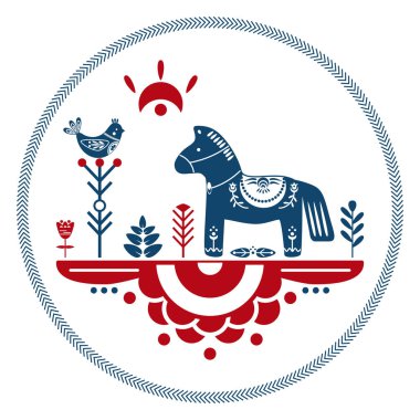 Kuşlar, at ve çiçekler ile Halk sanatı vektör süs. İskandinav tasarımı.