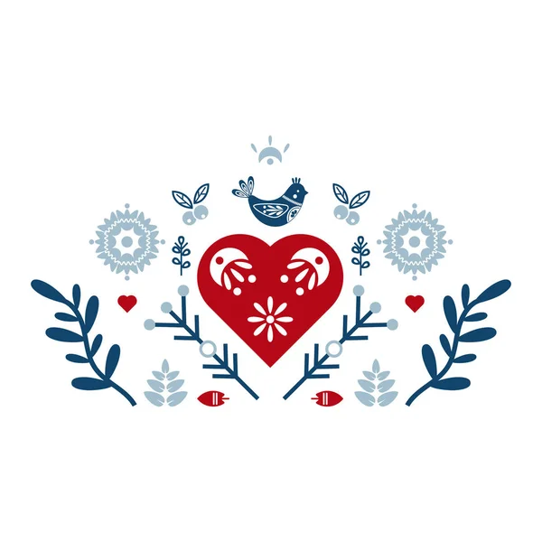Folk Art Vector Ornament Bird Hearts Flowers Scandinavian Design — Stock Vector