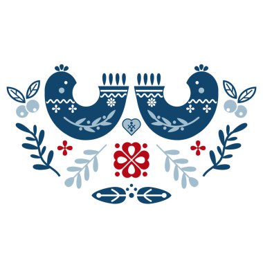 Sembollerle, kalplerle ve çiçeklerle halk sanatı süsü. İskandinav tasarımı.