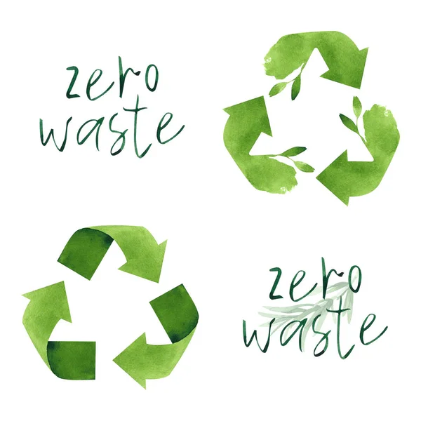 Hand drawn watercolor recycling signs with leaves isolated on white background. Zero waste lifestyle