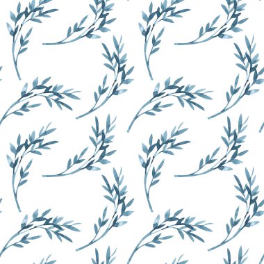 Yaprakları ile dalları yapılmış suluboya monokrom desen