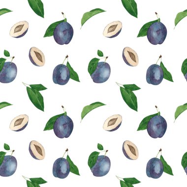 Yeşil yaprakları ile bütün ve dilimlenmiş erik Dikişsiz desen