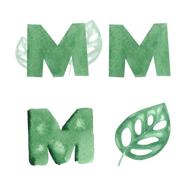 Yaprakları ile yeşil suluboya M harfleri