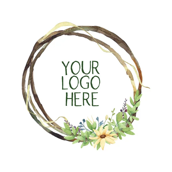 Floral Λογότυπο Κατασκευασμένο Από Κλαδί Πλαίσιο Και Φυτά — Φωτογραφία Αρχείου
