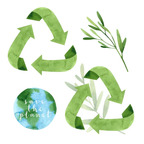 Set Hand Drawn Watercolor Zero Waste Symbols — Stock Photo, Image