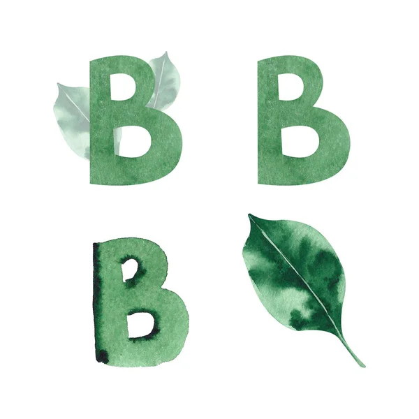 Σετ Του Πράσινου Χεριού Που Έχουν Σχεδιαστεί Υδατογραφήματαb Γράμματα Και — Φωτογραφία Αρχείου