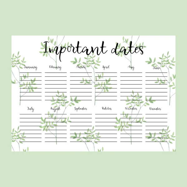 Important Dates Lined Page Green Watercolor Leaves — Stock Photo, Image