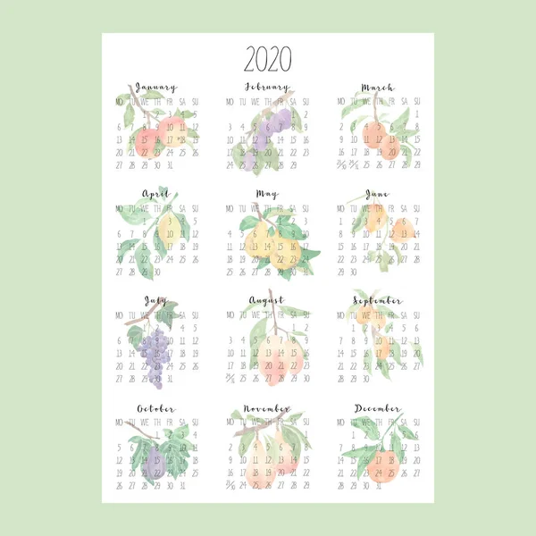 Calendario 2020 Con Frutas Acuarela — Foto de Stock