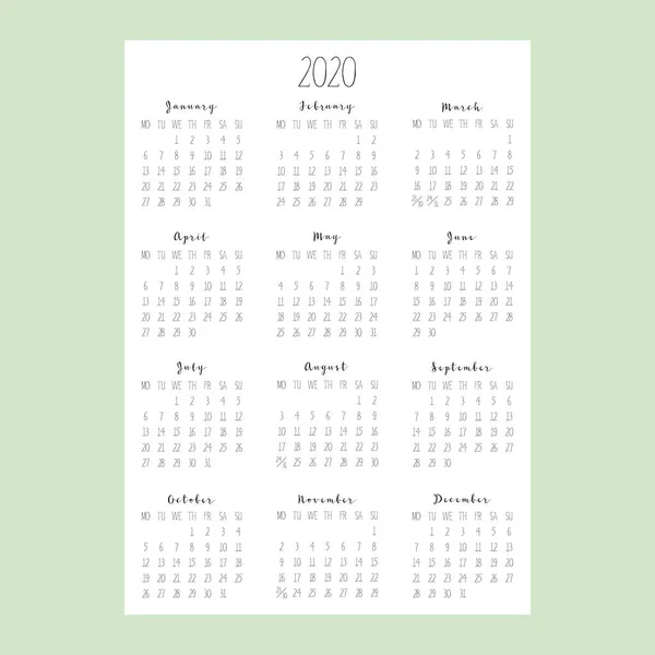 SImple 2020 calendar with green background