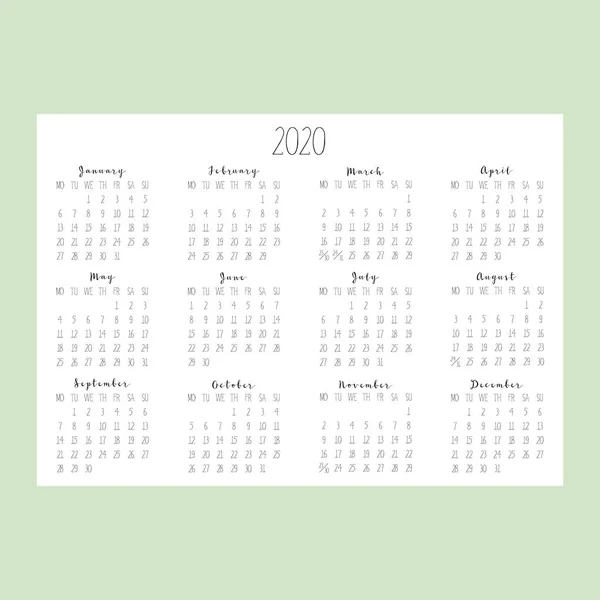 SImple 2020 calendar with green background