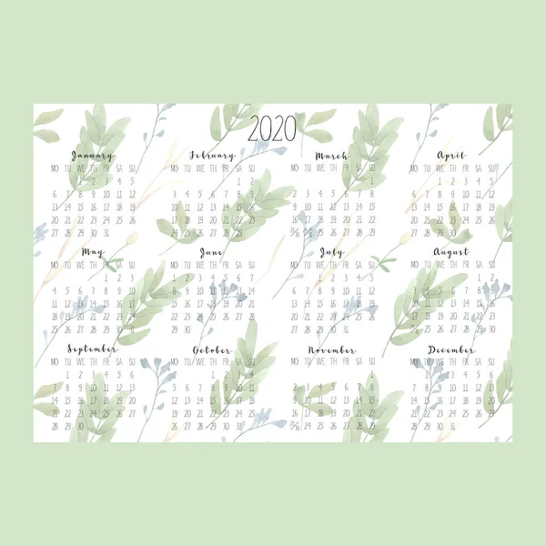 2020 Kalender Med Grön Akvarell Växter Mönster — Stockfoto