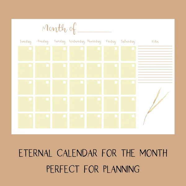 Calendar Clear Month Page Beige Watercolor Flora — Stock Photo, Image