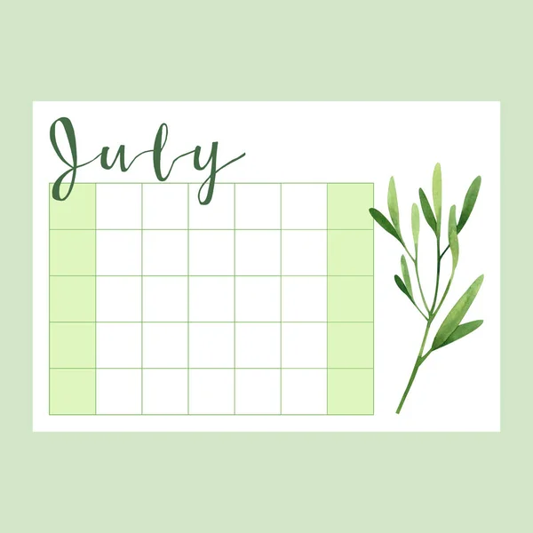 Juli Monatsseite Kalender Mit Aquarellflora — Stockfoto