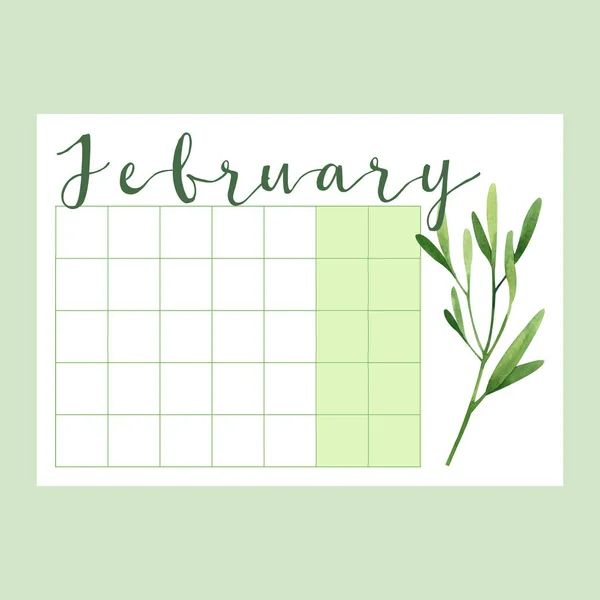 Febbraio Pagina Calendario Con Verde Acquerello Disegnato Mano Pianta — Foto Stock