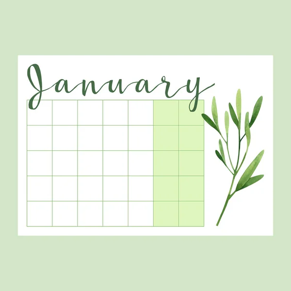 Gennaio Pagina Calendario Con Verde Acquerello Disegnato Mano Pianta — Foto Stock