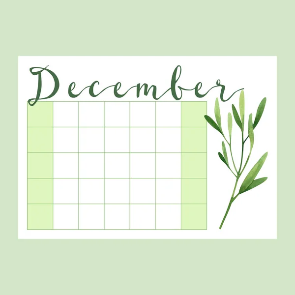 Calendario Con Mese Dicembre Colori Verdi Con Erbe Acquerellate — Foto Stock