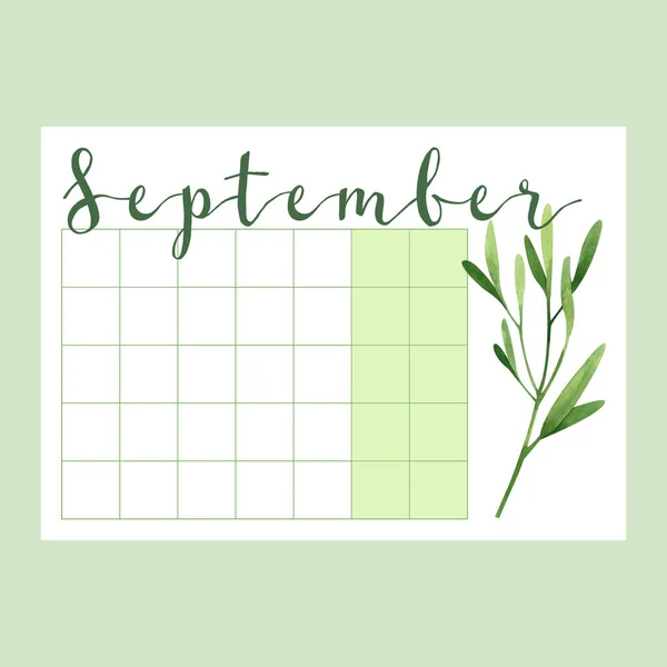 花の描画と緑の色で9月のカレンダー — ストック写真