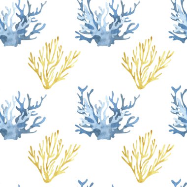 Beyaz arka plan üzerinde parlayan mercan deniz resifi ile suluboya sorunsuz desen. İklim değişikliğinin trend renkleri. Elle çizilmiş illüstrasyon. Ambalaj kağıdı, baskı, tekstil için mükemmel