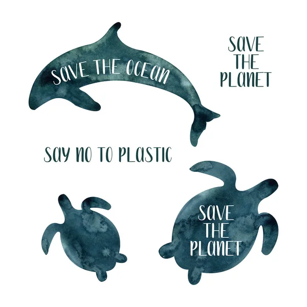 Watercolor Set Marine Resident Hand Drawn Dolphin Turtle Pollution Motivational — Stock Photo, Image