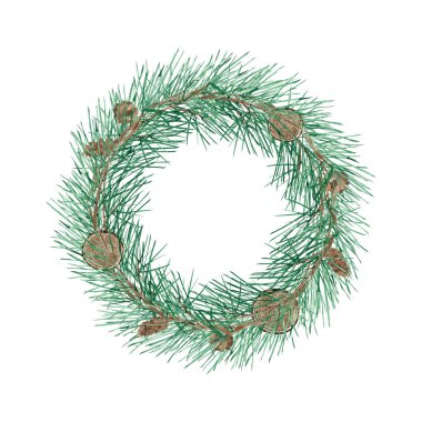 Çam dalı, çam kozalağı ve kesilmiş ahşap ile suluboya çelenk, beyaz izole. El çizilmiş kış illüstrasyon. Ambalaj kağıdı, baskı, davetiye, çıkartma için mükemmel