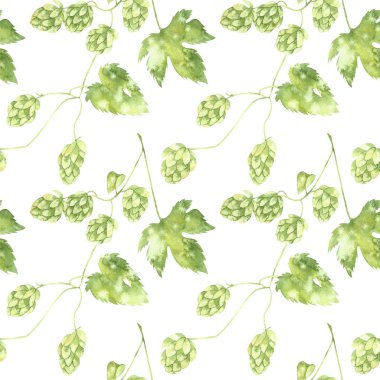 Beyaz arka planda sıçramaları olan kusursuz bir suluboya deseni. El çizimi botanik çizimi. Bira paketi, marka tasarımı, ambalaj kağıdı, logo için mükemmel.