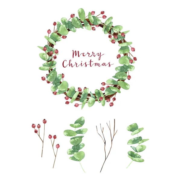 Aquarell Weihnachtskranz Und Florale Elemente Handgezeichnete Winterillustration Isoliert Auf Weißem — Stockfoto