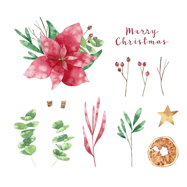 Akvarel Set Vánočními Prvky Ručně Kreslené Zimní Ilustrace Izolované Bílém — Stock fotografie