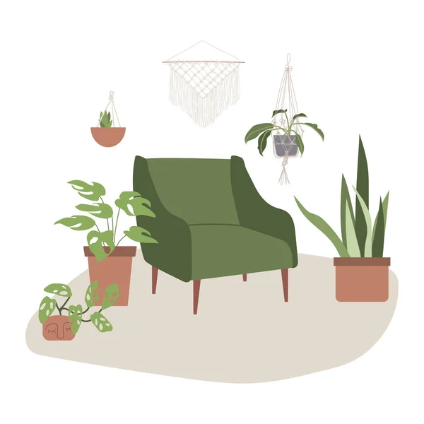 Zelené Křeslo Městskou Džunglí Obývací Pokoj Květináči Útulný Koncept Domova — Stockový vektor