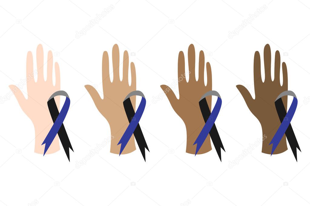 Black Lives Matter. Stop asian hate. Human hands. Symbol of support for law enforcement, awareness ribbon. Social issue, stop racism. Flat vector illustration