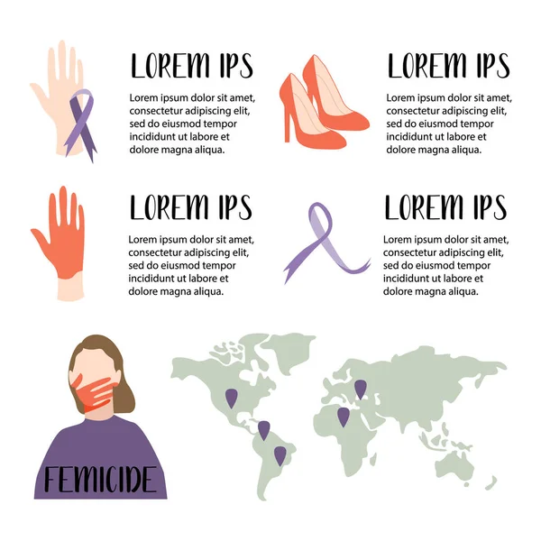 Konsep Feminisida Infografis Feminisida Kekerasan Rumah Tangga Kesadaran Ungu Pita - Stok Vektor