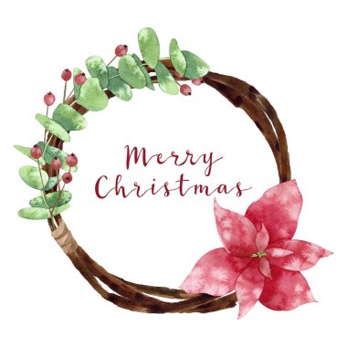 Çiçekli suluboya Noel çelengi. El çizimi kış çizimi, beyaz arka planda izole edilmiş. Tebrik kartları, davetiyeler, ambalaj kağıtları, etiketler için mükemmel.