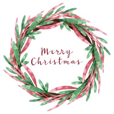 Çiçekli suluboya Noel çelengi. El çizimi kış çizimi, beyaz arka planda izole edilmiş. Tebrik kartları, davetiyeler, ambalaj kağıtları, etiketler için mükemmel.