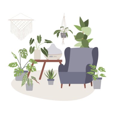 Ev nemlendiricisi. Ev bitkileriyle birlikte oda spreyi. Hava temizleyici, mikroklima temizleyici. Nem kontrolü için ev aletleri. İniş sayfası, afiş için mükemmel. Düz çizgi film vektör illüstrasyonu