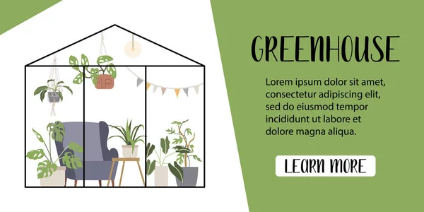 Greenhouse Houseplants Urban Jungle Concept Hand Drawn Vector Illustration Flat — Stock Vector