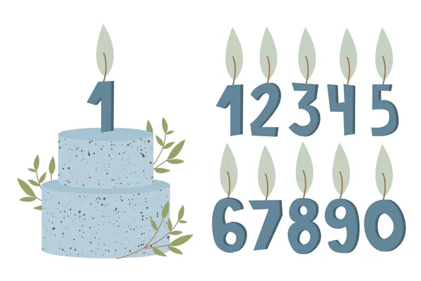 Bougies Forme Nombre Gâteau Anniversaire Avec Feuilles Pour Garçon Ensemble — Image vectorielle