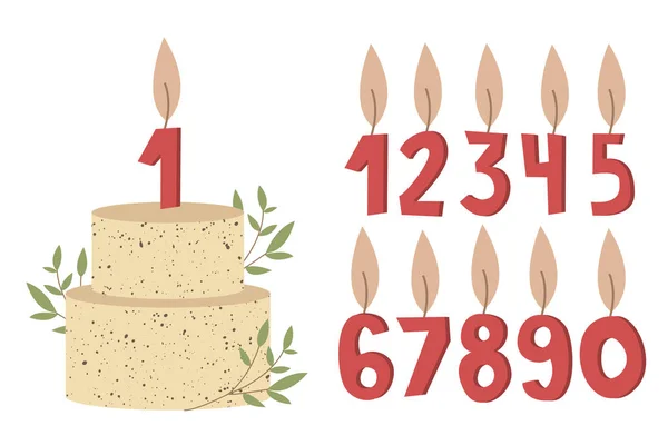 Bougies Forme Nombre Gâteau Anniversaire Avec Feuilles Pour Fille Ensemble — Image vectorielle