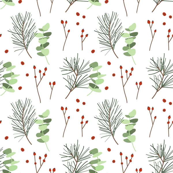 Naadloos Patroon Met Eucalyptus Bessen Sparren Winter Illustratie Witte Achtergrond — Stockvector