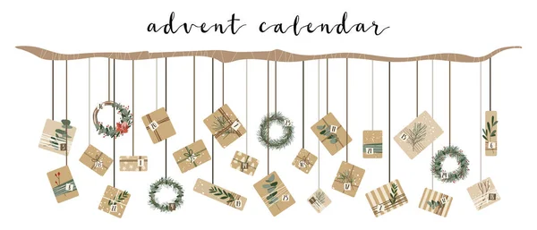 Advent Calendar Hanging Christmas Presents Kraft Paper Wreaths Numbers Rustic — Stock Vector