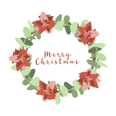 Çiçekli Noel çelengi. Kapı için eko kış süslemesi. Beyaz arkaplanda izole edilmiş vektör düz çizgi film çizimi. Tebrik kartları, davetiyeler, ambalaj kağıtları, etiketler için mükemmel.