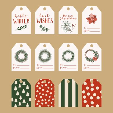 Büyük bir set farklı noel etiketleri, etiketler. Kırsal hediye kutusu. Eko dekorasyon, okaliptüs ve ladin. Xmas ve Yeni Yıl Kutlama Hazırlığı. Vektör düz çizgi film biçimi