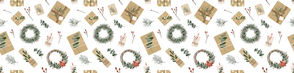Weihnachtsgeschenke Aus Kraftpapier Mit Bändern Und Kränzen Rustikale Geschenkbox Öko — Stockvektor